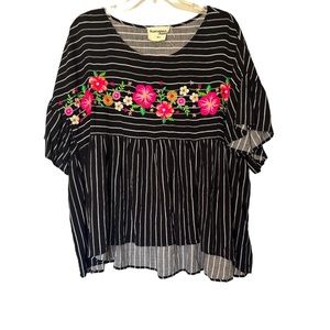 SAVANNA JANE Embroidered Striped Floral Babydoll Blouse Top--Size XL Black